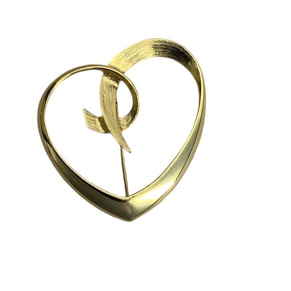 Vintage 80s Large Gold Tone Open Script Heart Brooch Pin Romantic Valentine Day - Picture 1 of 3